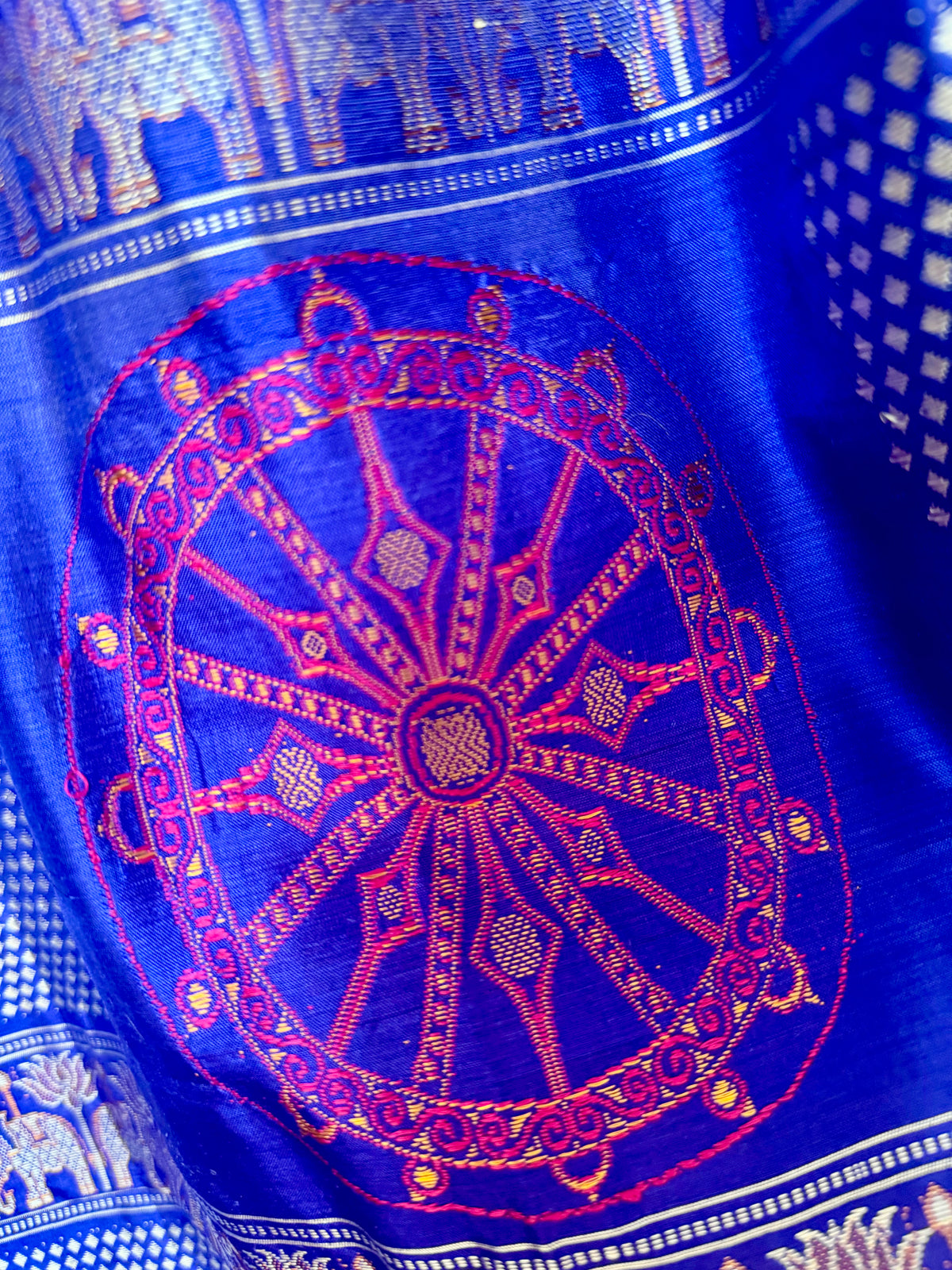 Konark theme Handwoven Bomkai Pure Silk Saree – Turquoise Blue with Royal Blue Pallu from Odisha Weaves