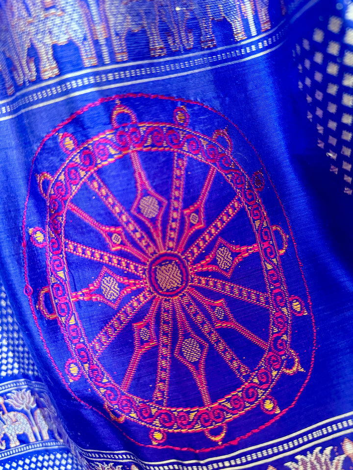 Konark theme Handwoven Bomkai Pure Silk Saree – Turquoise Blue with Royal Blue Pallu from Odisha Weaves