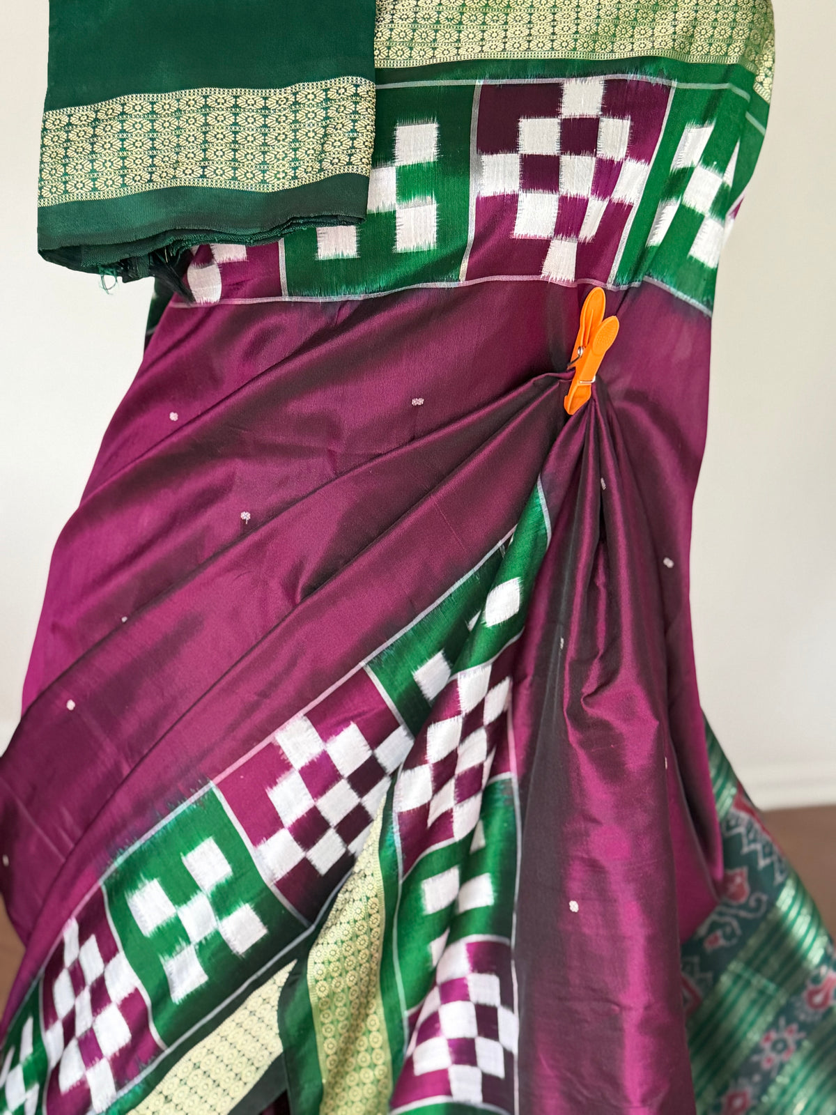 Plum and green combination Sambalpuri pasapali handwoven Ikkat semi-silk saree| Odisha Weaves