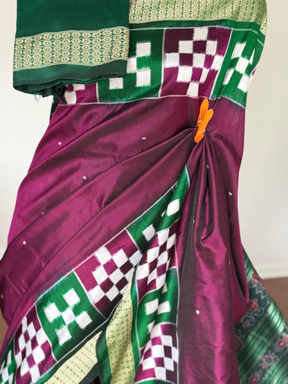 Plum and green combination Sambalpuri pasapali handwoven Ikkat semi-silk saree| Odisha Weaves