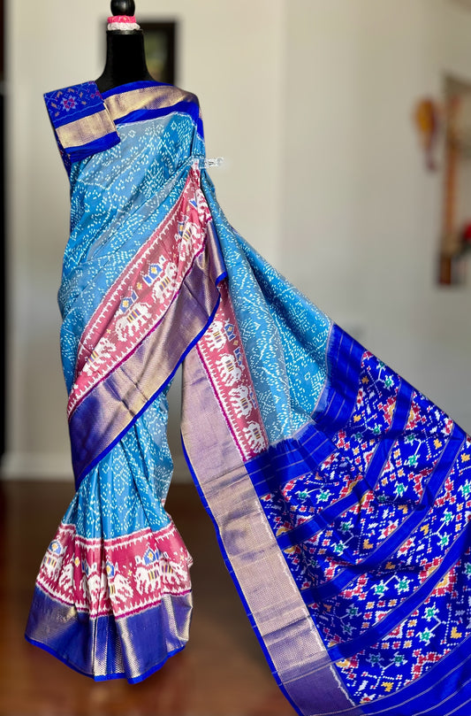 Ice blue Pochampally ikat pure silk saree