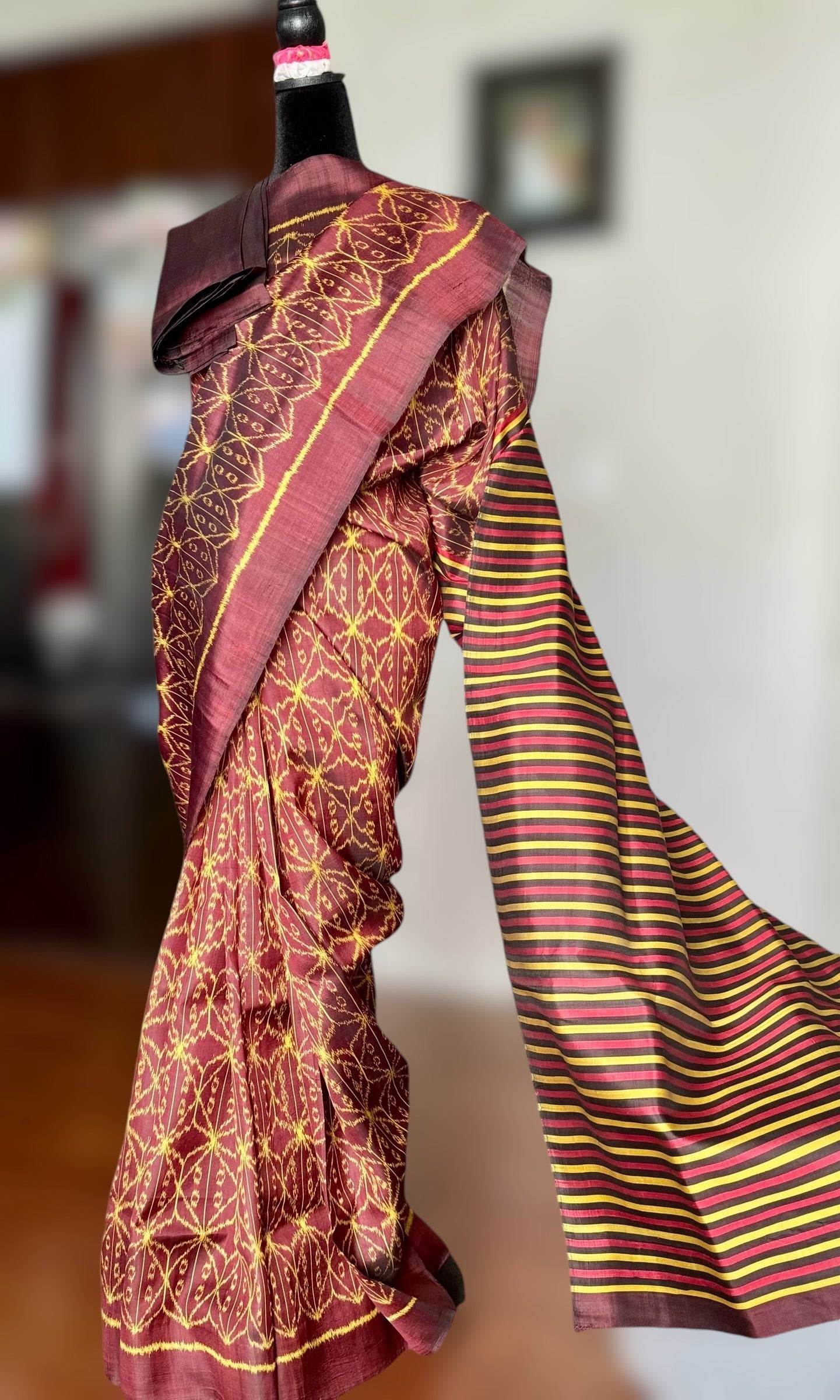 Brown Contemporary Pure silk ikat saree from Odisha weaves