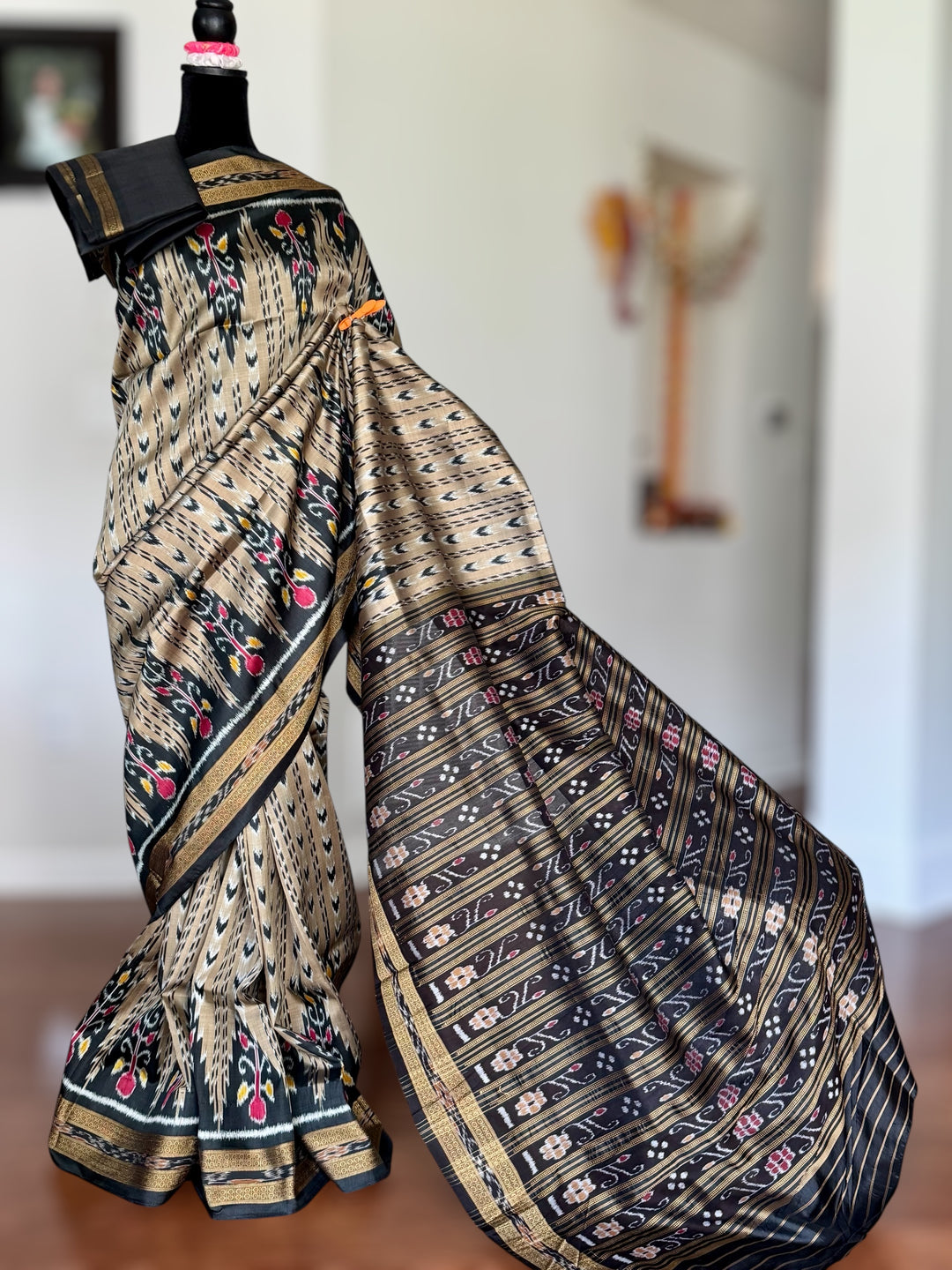 Handwoven Pure Silk ikat Khandua Saree Beige-Gold|Mishrita |Odisha Weaves