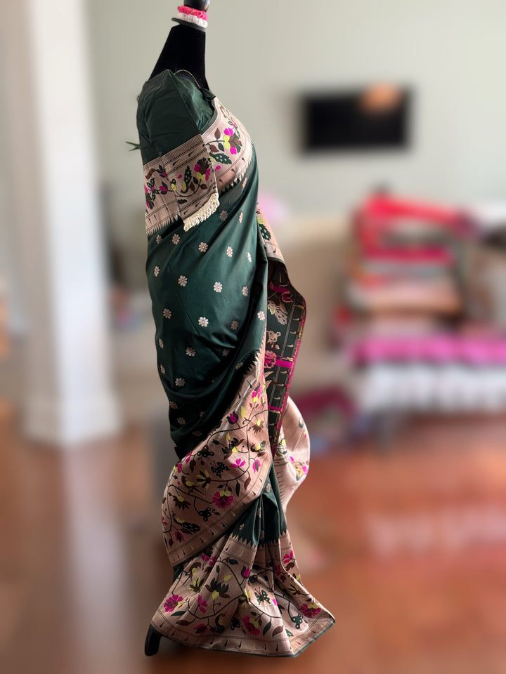 Paithani inspired weaved artificial silk saree with stitched blouse in bottle green color| Value Vogue