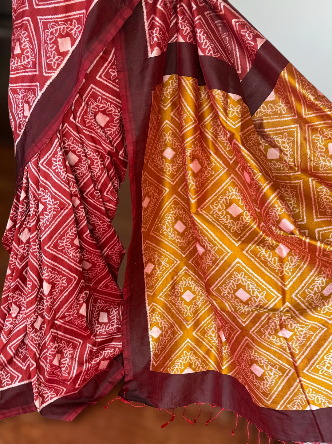 High quality contemporary Ikat Pure silk saree in light rust red