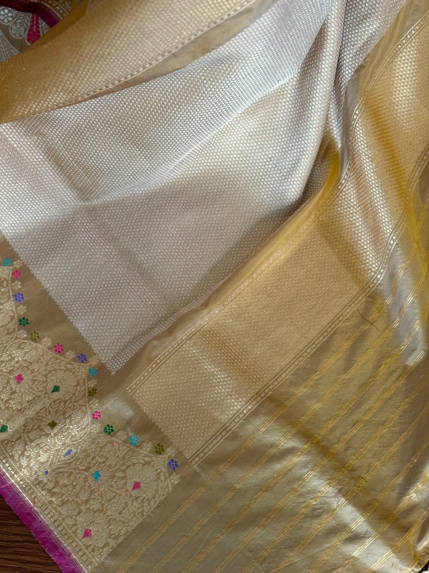 Champagne Color Banarasi ektara weaved pure katan silk saree with Kadhwa Janngla and meenakari work