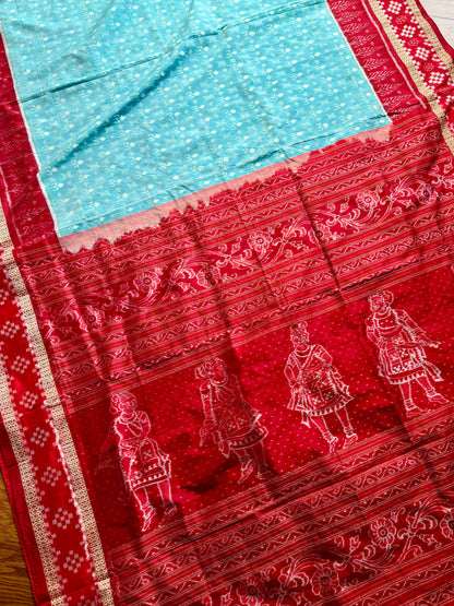 Ice-blue and red handwoven Sambalpuri pure Ikkat silk saree with pasapali border| Odisha Weaves