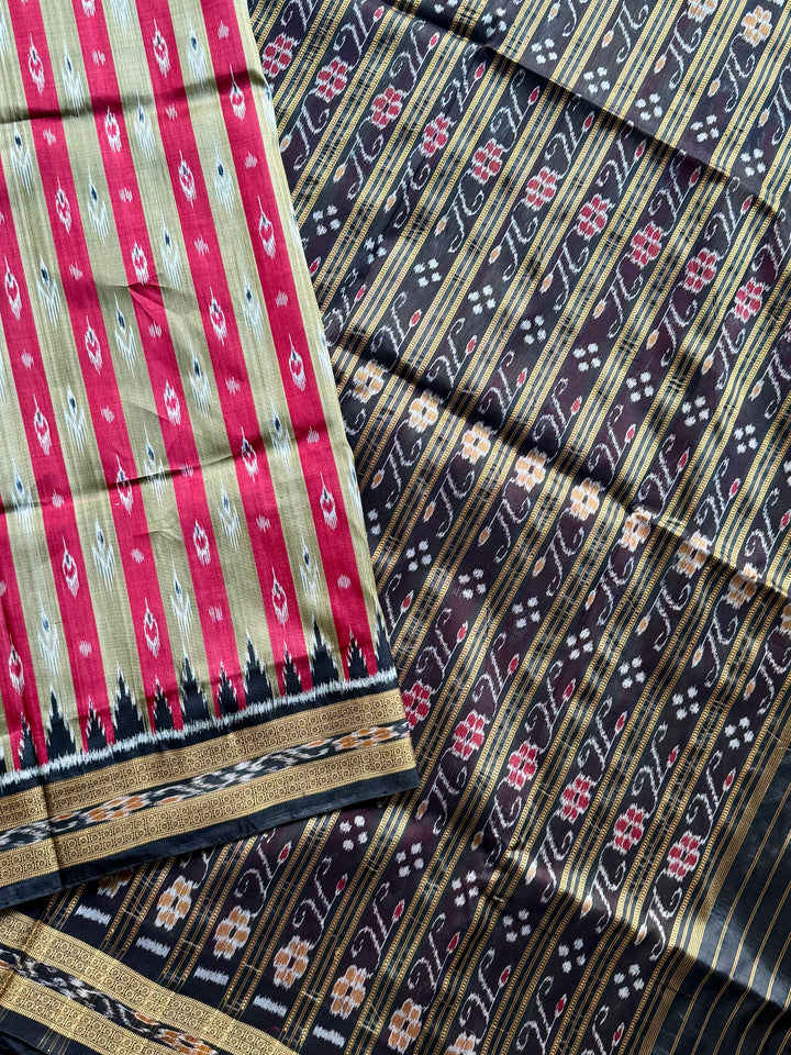 Maroon Beige Chandrika in striped body Contemporary Ikat Pure Silk Saree|Odisha Weaves|Mishrita