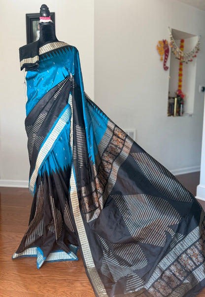 Beautiful Black and blue Handwoven Bomkai Pure Silk Saree –  from Odisha Weaves