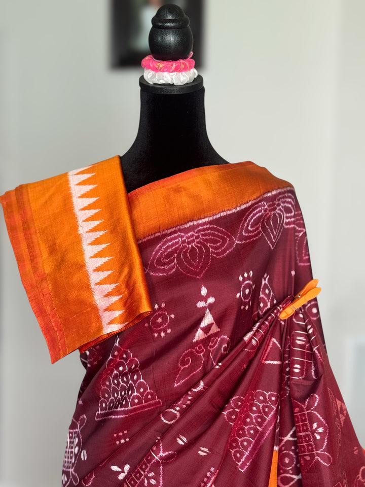 Maroon with orange yellow color handwoven Chita patterned ikat pure silk saree|Odisha Weaves|Contemporary Ikat