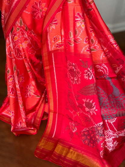 Peach color semi (double) ikat patan Patola pure silk saree