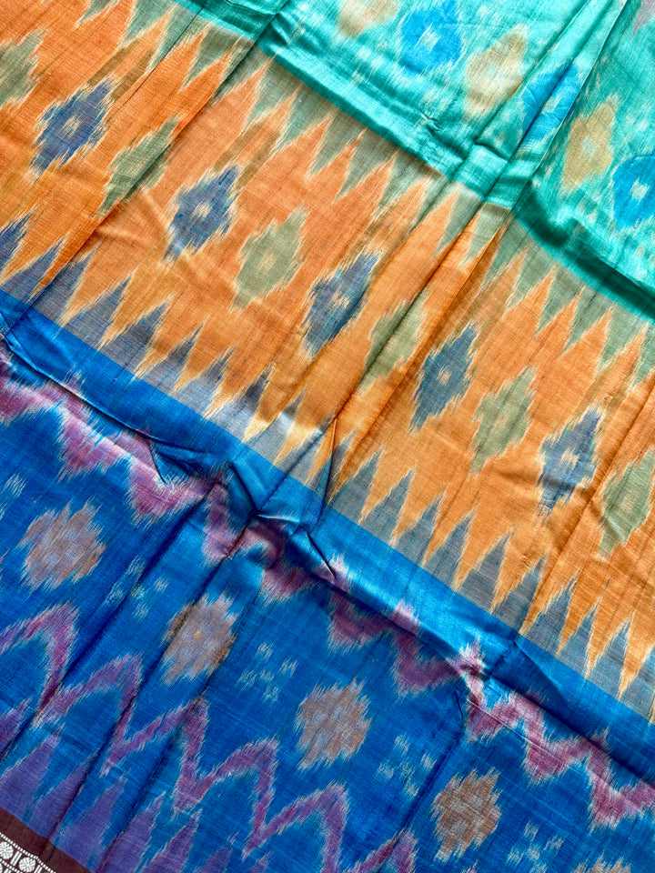 Multi colored Gopalpur handwoven pure Tussar silk saree with ikat pallu|Odisha weaves