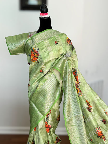 Beautiful Green color powerloom made banarasi pure silk saree with digital flower print and stitched blouse| Value Vogue