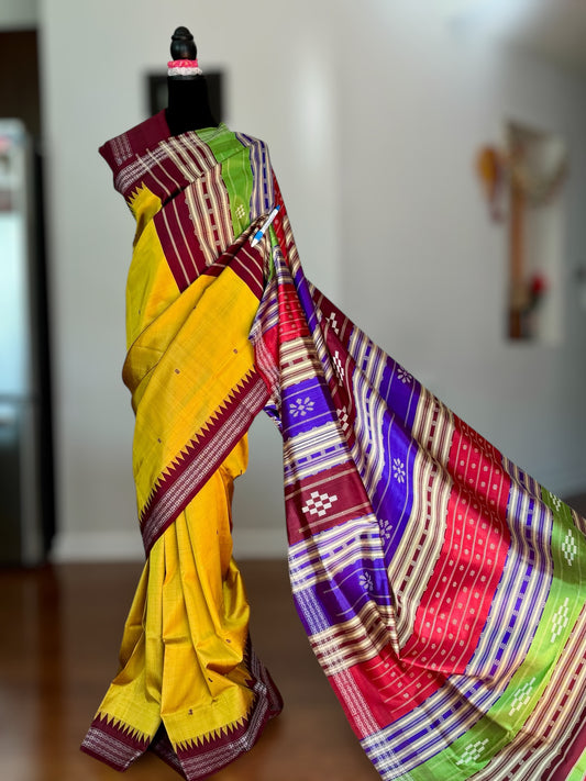 Mustard with brown combination Berhampuri Pure Silk Saree with Colorful double pallu