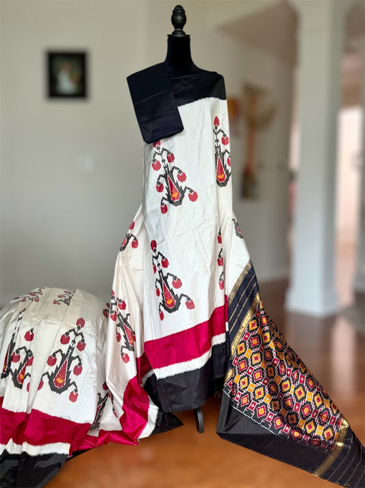 Cambodian inspired Pochampally handwoven double ikat pure silk saree| offwhite base| Sweta