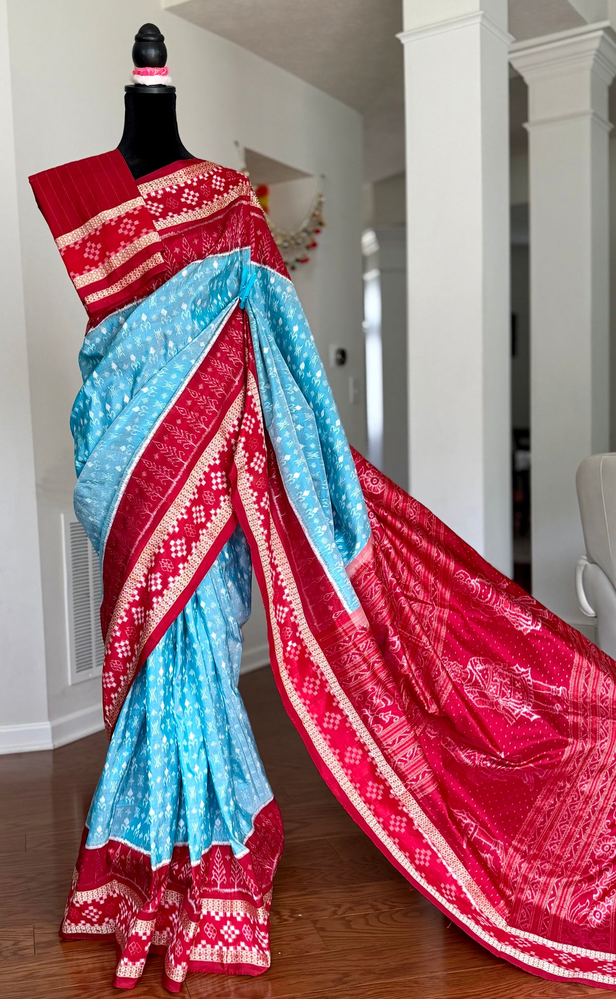 Ice-blue and red handwoven Sambalpuri pure Ikkat silk saree with pasapali border| Odisha Weaves