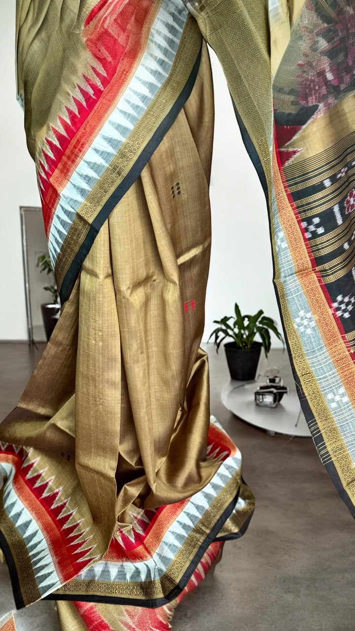Ikat Khandua Pure Silk Saree from Odisha weaves in a sandy brown color |Odisha Weaves