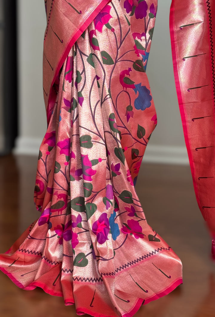 Pink color paithani inspired brocade saree with stitched blouse| Value Vogue