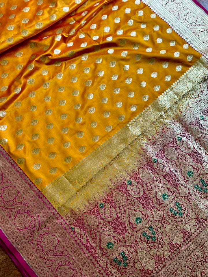 Orange Handloom Banarasi Silk Saree With Stitched Blouse