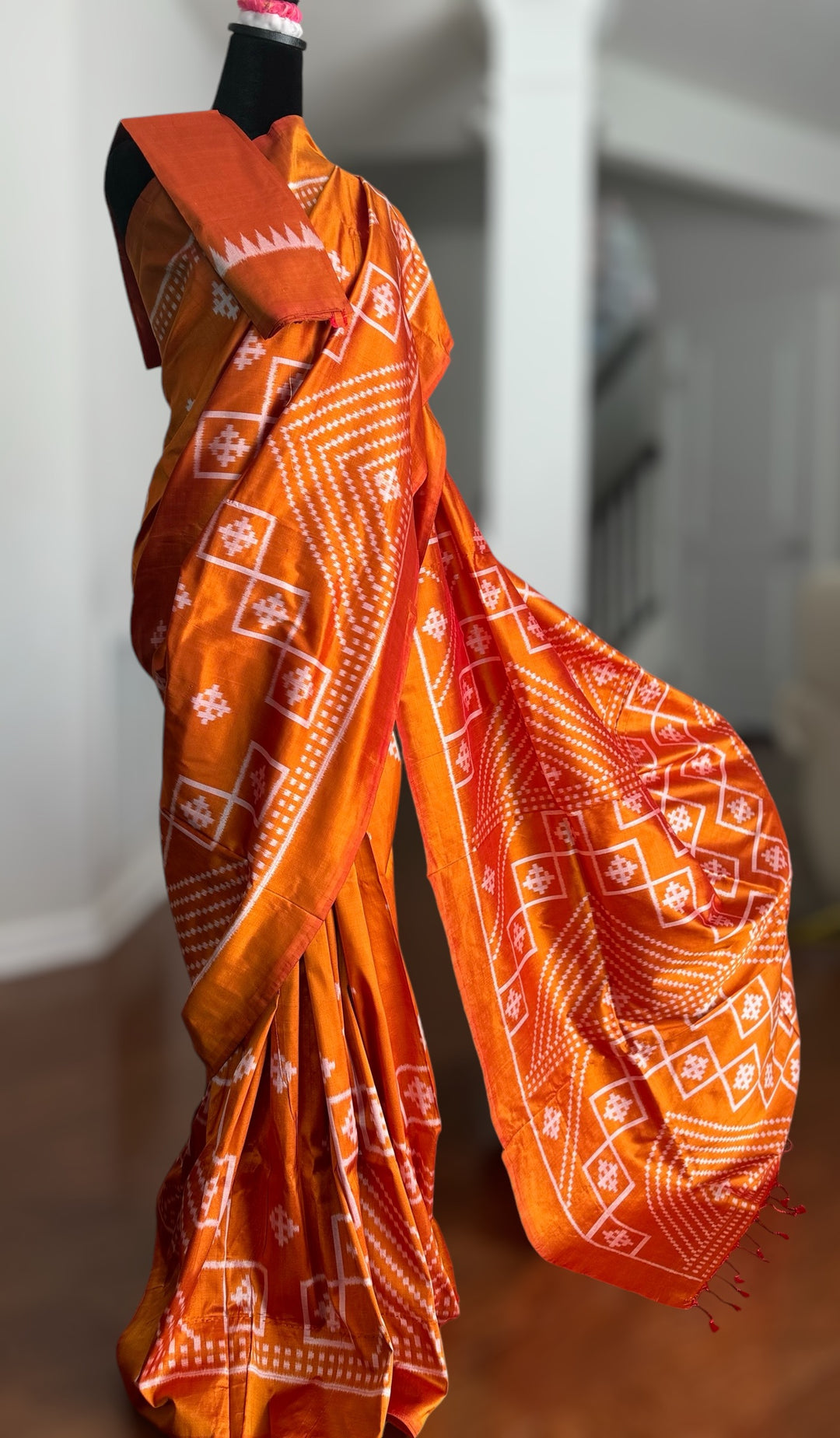 Orange color handwoven ikat pure silk saree|Odisha Weaves|Contemporary Ikat|