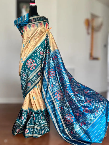 Baige Gold with blue combination handwoven contemporary ikat pure silk saree | Odisha weaves