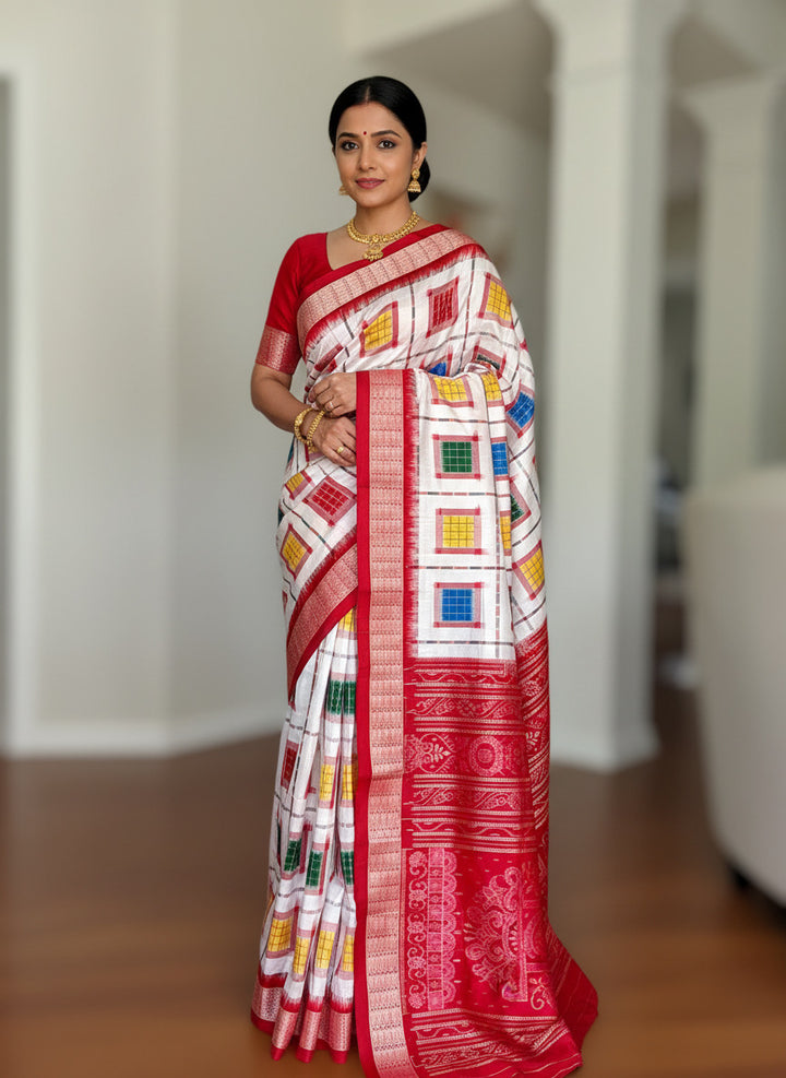 Handwoven White Aswini Sambalpuri Double ikat pure silk saree|Odisha Weaves|