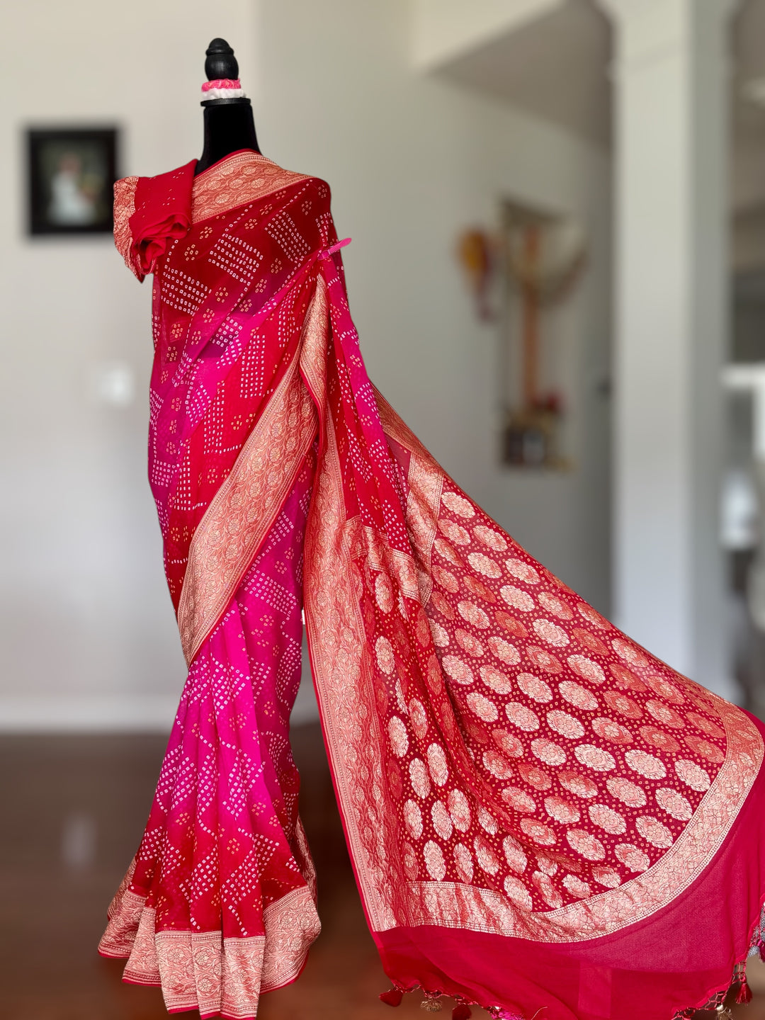 Pink with Red pure khaddi chiffon georgette rai bandhini saree