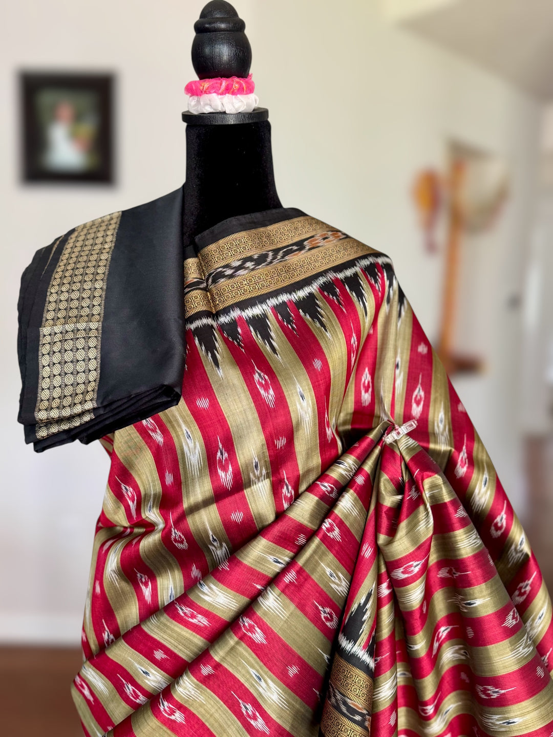 Maroon Beige Chandrika in striped body Contemporary Ikat Pure Silk Saree|Odisha Weaves|Mishrita