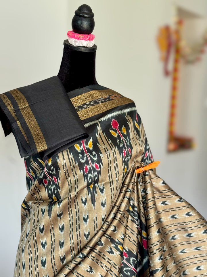 Handwoven Pure Silk ikat Khandua Saree Beige-Gold|Mishrita |Odisha Weaves