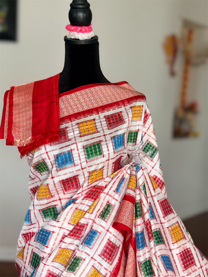 Handwoven White Aswini Sambalpuri Double ikat pure silk saree|Odisha Weaves|