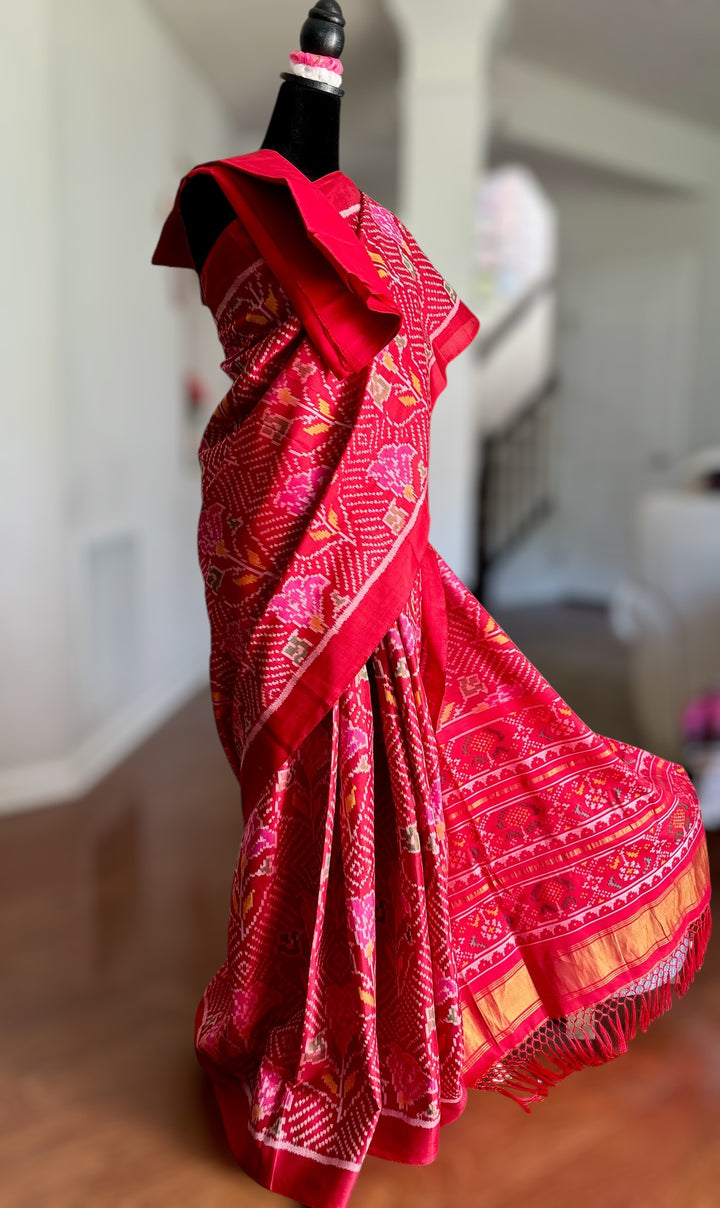 Red color semi (double) ikat patan Patola pure silk saree