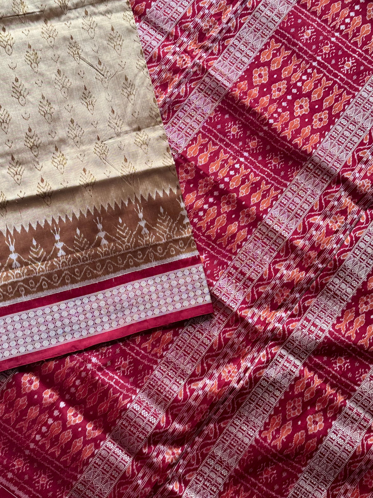 Golden baige and maroon-ish red handwoven Sambalpuri pure Ikkat silk saree | Odisha Weaves