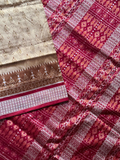 Golden baige and maroon-ish red handwoven Sambalpuri pure Ikkat silk saree | Odisha Weaves