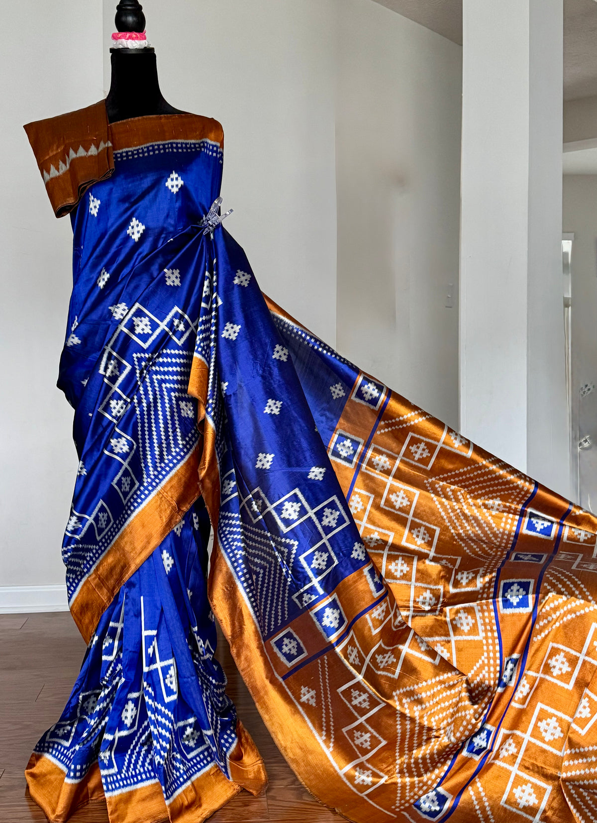 Blue with orange color handwoven ikat pure silk saree|Odisha Weaves|Contemporary Ikat|Antara