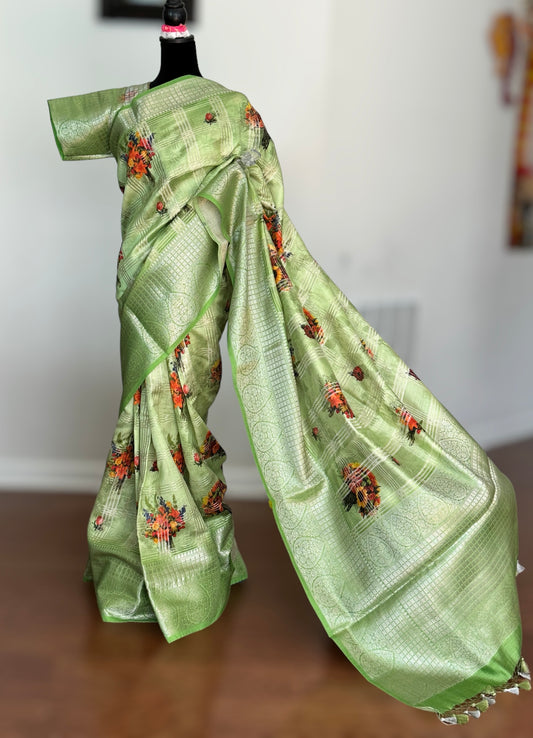 Beautiful Green color powerloom made banarasi pure silk saree with digital flower print and stitched blouse| Value Vogue