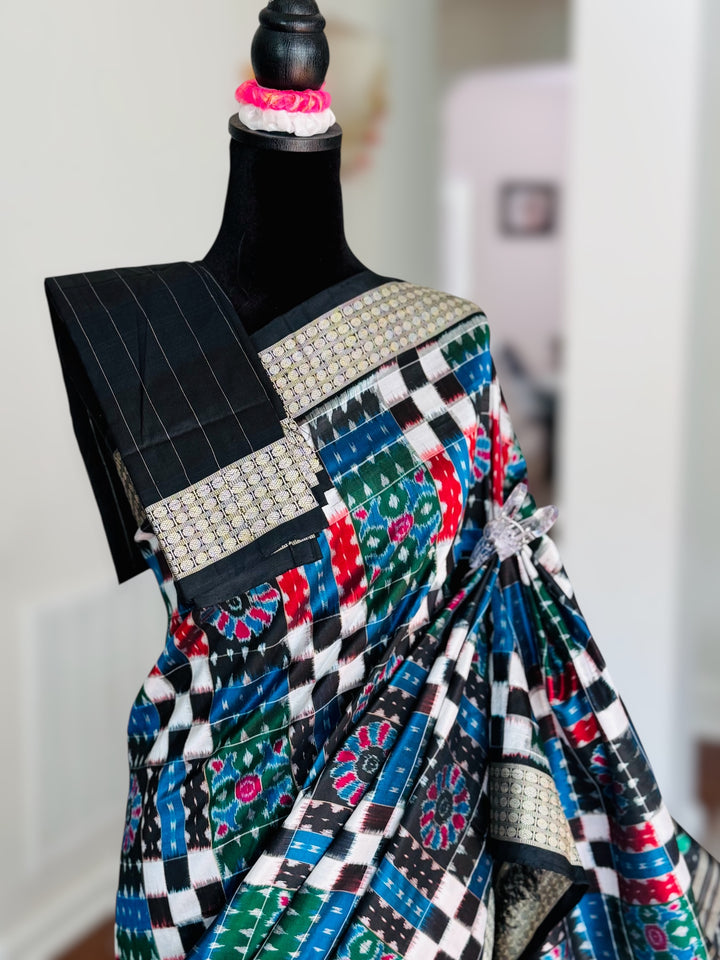 Handwoven Utkal Laxmi Sambalpuri ikat pure silk saree, Green Ikat pallu|Odisha Weaves|