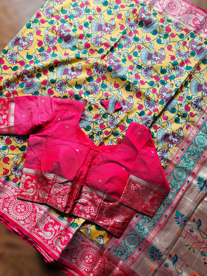 Kalamkari and paithani inspired artificial silk saree with stitched blouse|Value Vogue