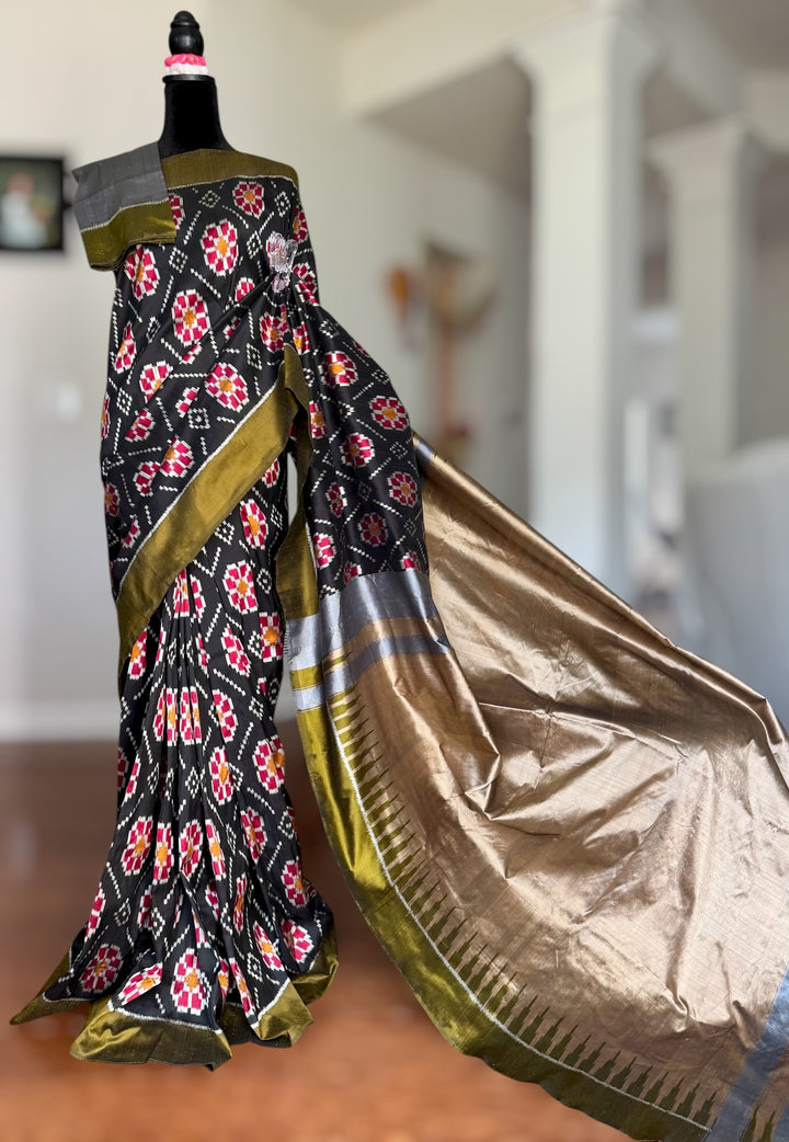 Black color handwoven ikat pure silk saree with Baghambari motif|Odisha Weaves|Contemporary Ikat|