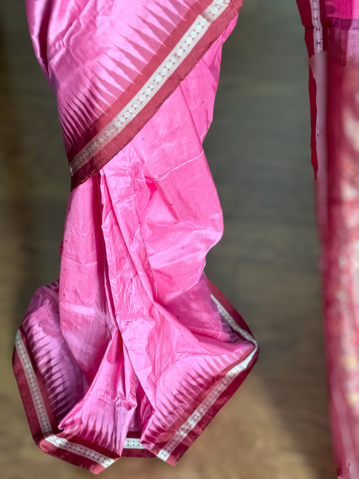 Pink Sambalpuri Ikat Pure Silk Saree with “Triphala” Ikat Pallu and Maroon Border |Odisha Weaves