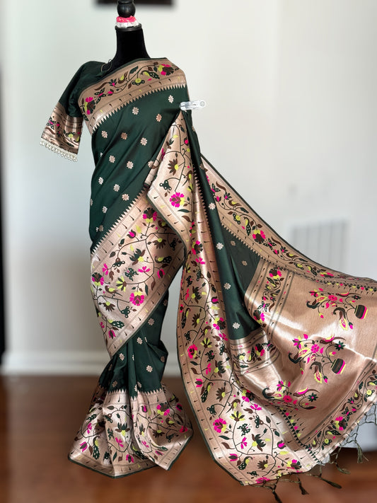 Paithani inspired weaved artificial silk saree with stitched blouse in bottle green color| Value Vogue