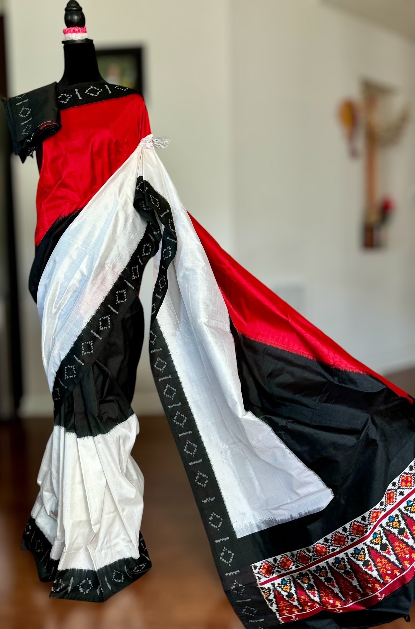 Red Black White Double ikat Pochampally ikat pure silk saree