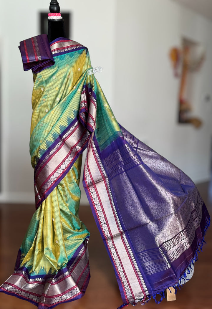 Light Green vintage Checks Gadwal Pure Silk Saree with zari buttas and contrast Indigo border