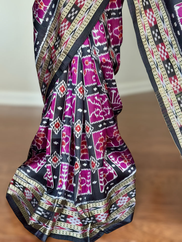 Handwoven Pure Silk ikat Khandua Saree Magenta|Mishrita |Odisha Weaves