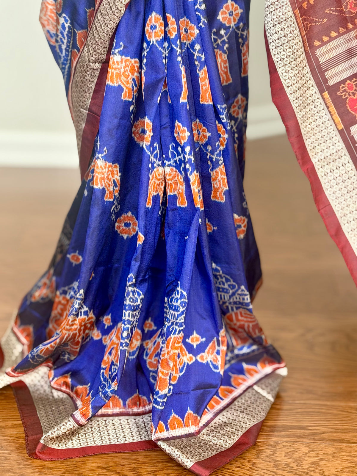 Blue & Maroon Sambalpuri Handwoven Ikat Elephant Motif pure silk Saree | Odisha weaves