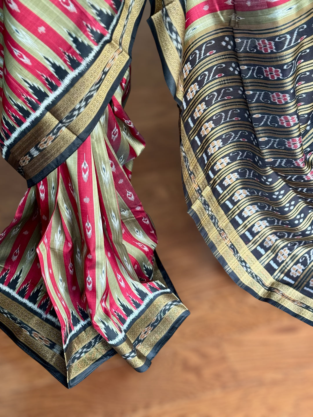 Maroon Beige Chandrika in striped body Contemporary Ikat Pure Silk Saree|Odisha Weaves|Mishrita