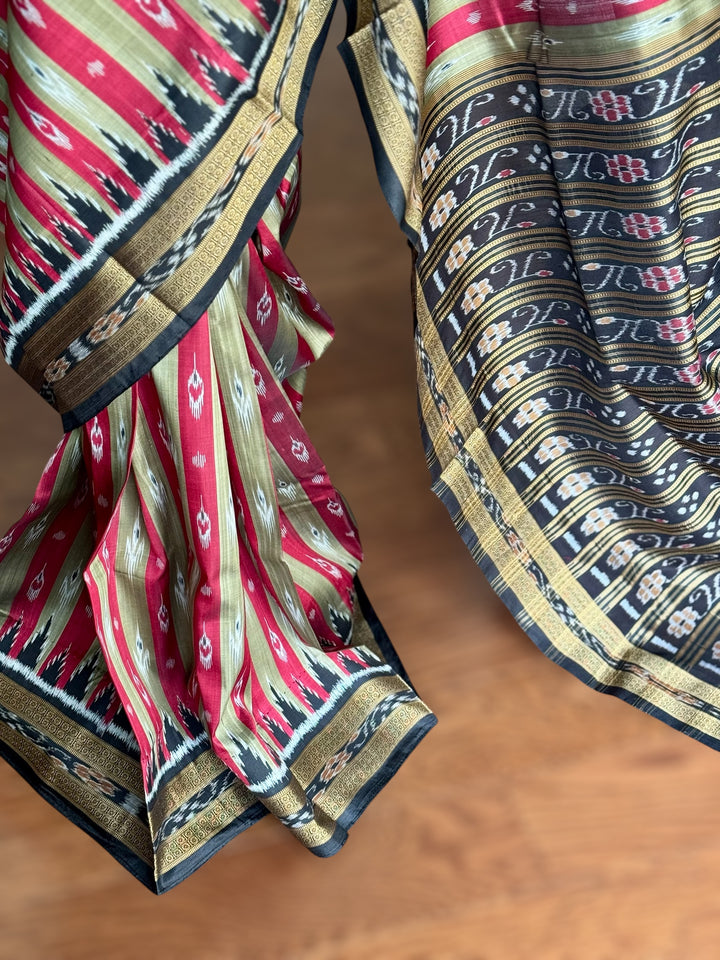 Maroon Beige Chandrika in striped body Contemporary Ikat Pure Silk Saree|Odisha Weaves|Mishrita