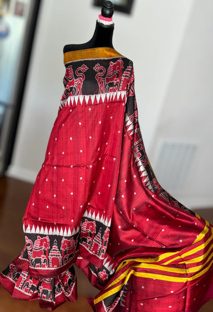 Maroon-ish Red Contemporary ikat pure silk Saree from Odisha weaves