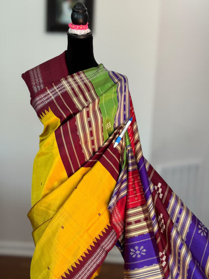 Mustard with brown combination Berhampuri Pure Silk Saree with Colorful double pallu