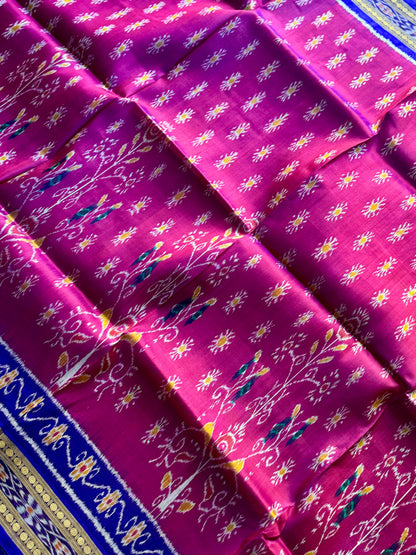Magenta traditional ikat Khandua handwoven pure silk saree|Odisha Weaves