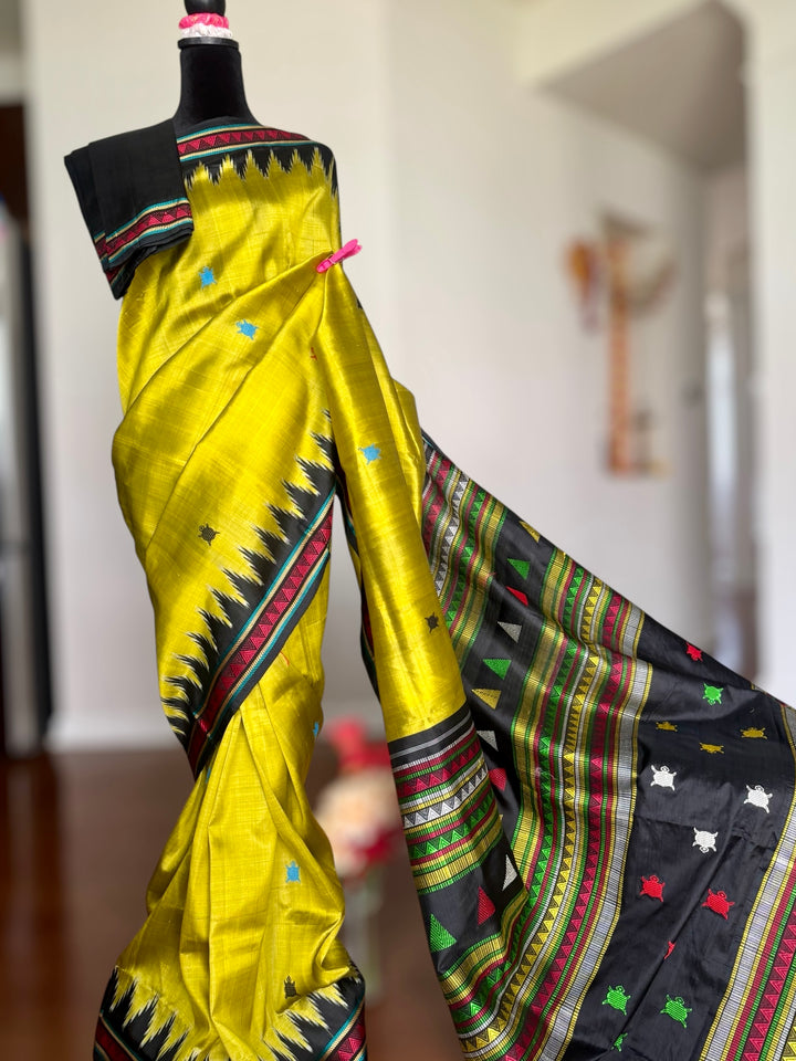 Light green and black combination Dongria double pallu contemporary ikat pure silk saree